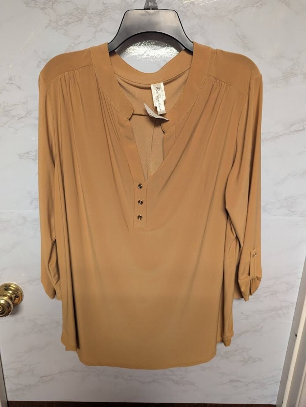 NEW PerSeption mustard yellow blouse 3/4 Sleeve buttons Career Size 2X